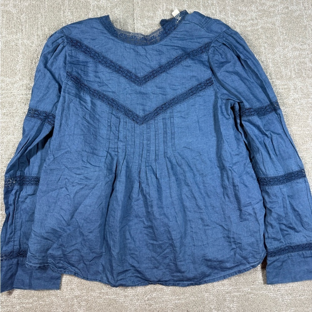 J. Crew Lace-Trim Indigo Blouse High Neck Pleated Peasant Women Size Small